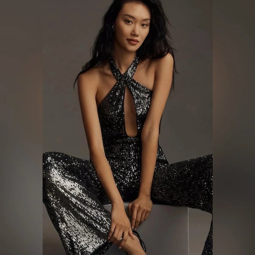 NWT Anthropologie Maeve Sequin Cut-Out Halter Wide-Leg Jumpsuit 4 - Picture 2 of 6